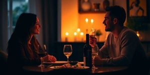 Pari nauttii romanttisesta illallisesta kotona.